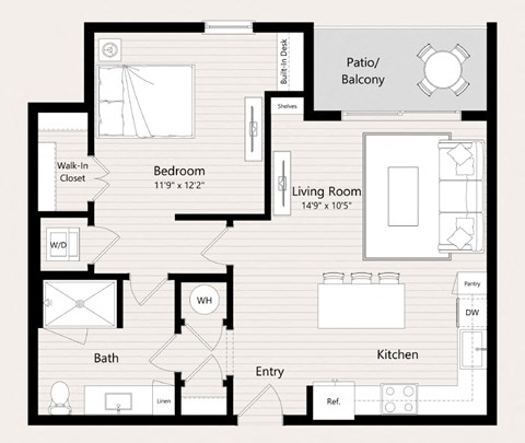 Floor plan for 1 bed, 1 bath, 776 sqft